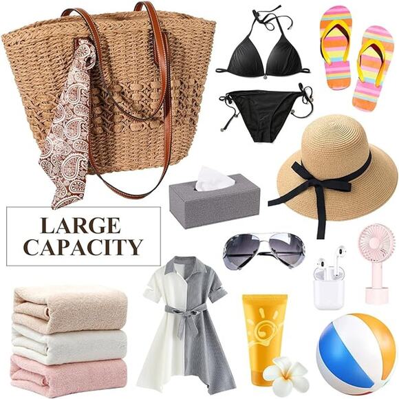 New Trifabricy (no sash) Tan Woven Straw Double Handle Shoulder Purse Handbag - Picture 5 of 6